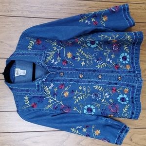 Vintage Gunit Fashions Denim Floral Embroidered Long-Sleeve Button Up Wm…